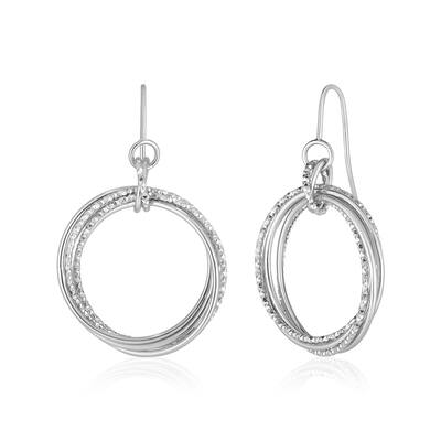14k White Gold Earrings with Polished and Textured Interlocking Circle Dangles