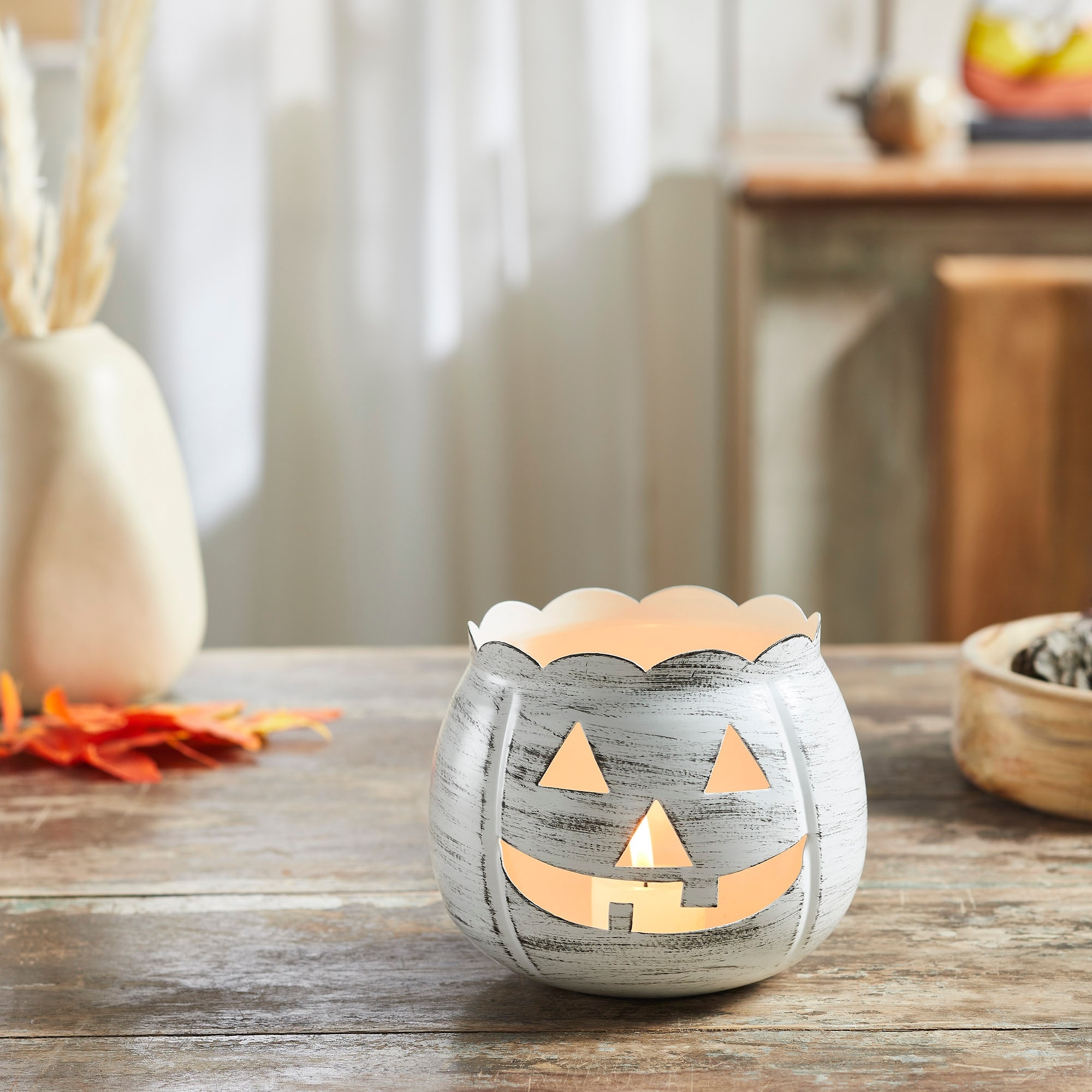Jack-O-Lantern Candle Holder Antique White 4.25x5.25x5.25 - N/A