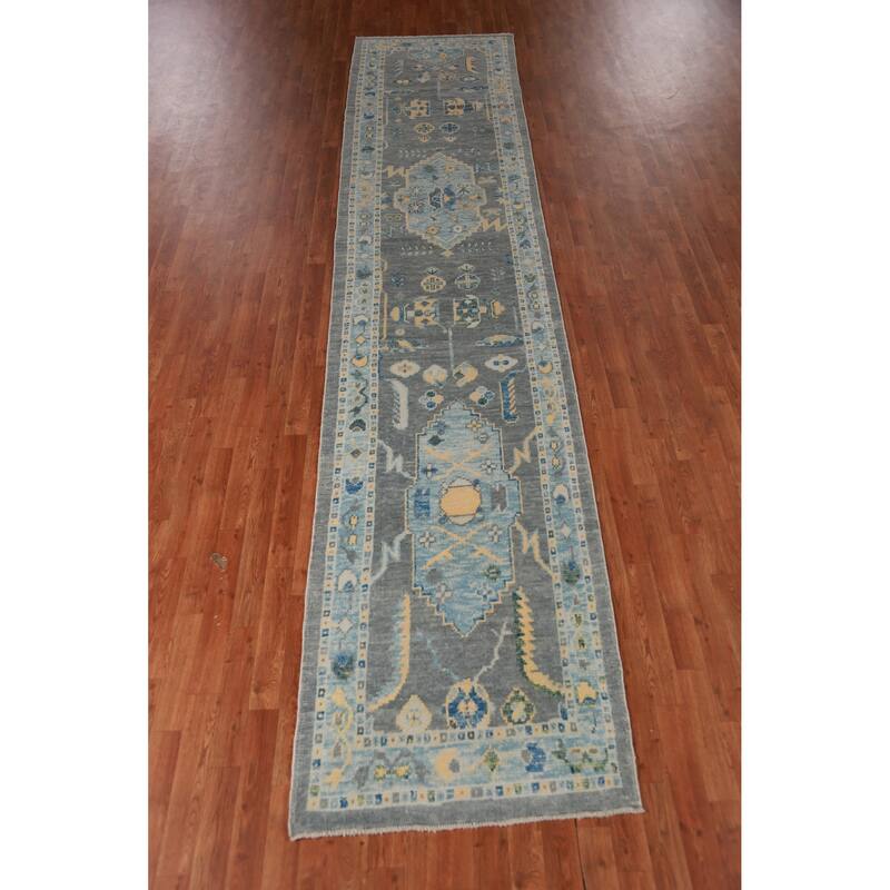 Hand Knotted Oriental 100% Wool Carpet Transitional Geometric Greys & Charcoal Oushak Runner Rug - 15' 0'' X 3' 2''