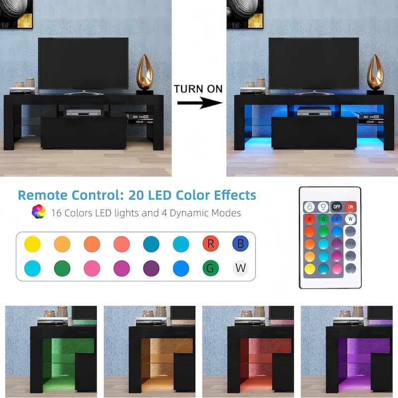 51.18" TV Stand with Down Filp Door, Glass Shelf and High Glossy Finish for TVs Up to 55"