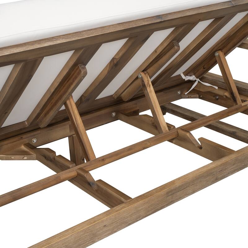 Outdoor Patio Solid Wood Double Daybed Sunbed with Adjustable Backrest and Wheels