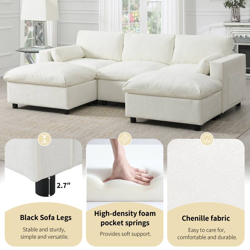 86.5" Chenille Modular Sofa with Storage Pockets, Movable Ottomans