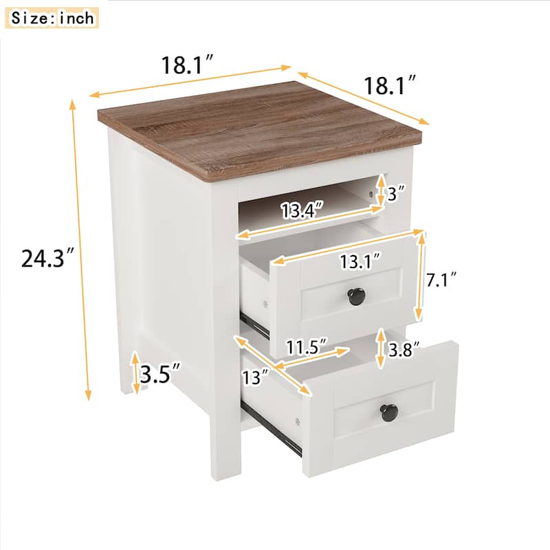 2-Drawer Farmhouse Wooden Nightstand with Sleek Lines, Wood Side Table with Storage Cabinet for Bedroom