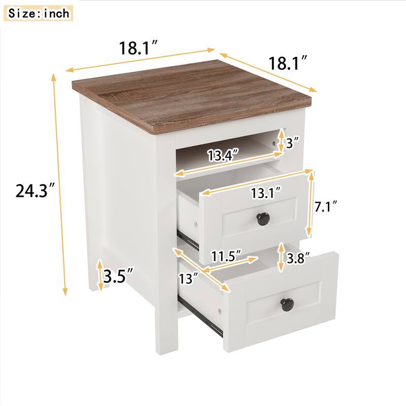 Farmhouse 2-Drawer Wooden Nightstand - Well-Proportioned Design + Storage Cabinet for Bedroom (White & Brown)
