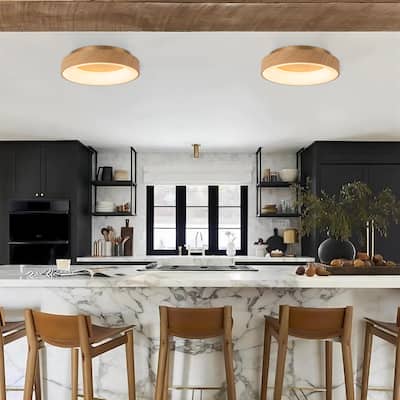 15.7 in. Farmhouse Traditional Metal Round Dome Dimmable Integrated LED 3000K Warm Light Flush Mount Lighting - Wood Grain