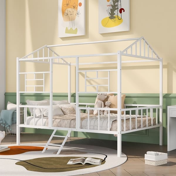 slide 2 of 36, Metal House Bed Frame with Slatted Support White - Full