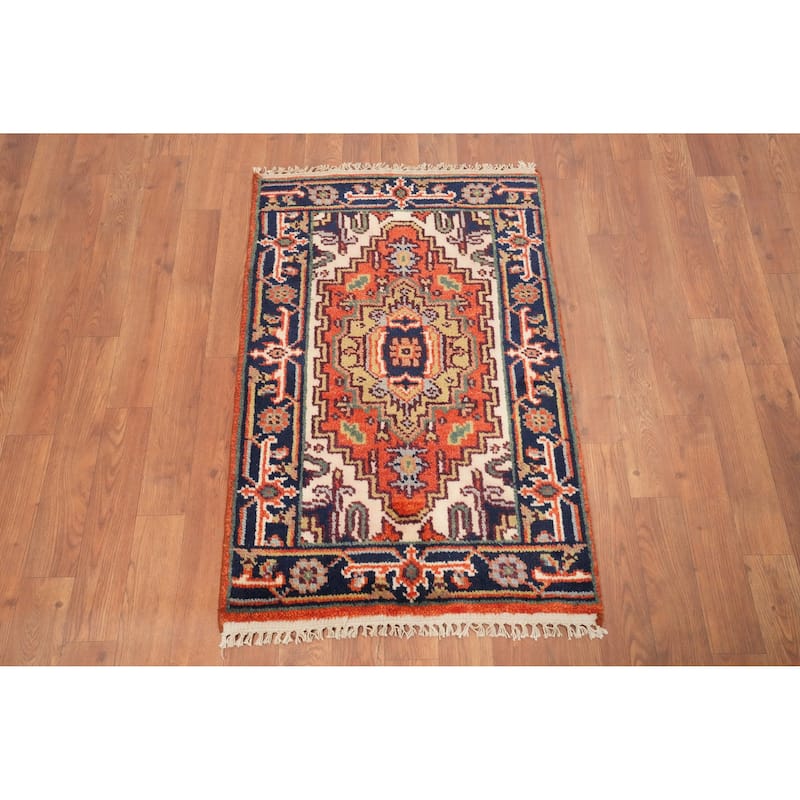 Hand Knotted Oriental 100% Wool Carpet Traditional Medallion Oranges & Rust Heriz (serapi) Area Rug - 3' 0'' X 2' 0''
