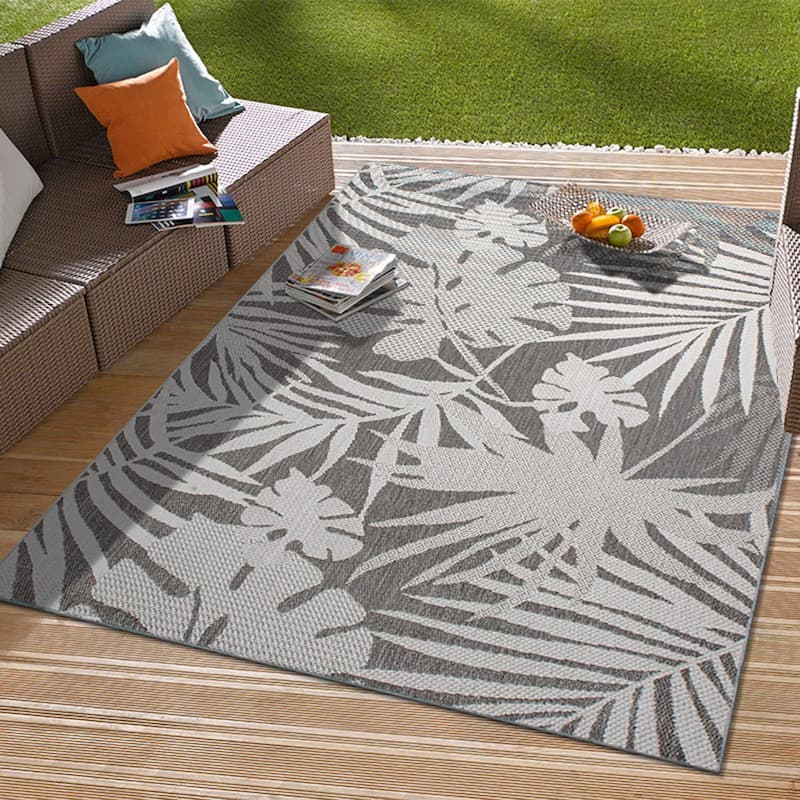 Contemporary Tropical Leaves Indoor/Outdoor Flatweave Waterproof Backyard Patio Area Rug
