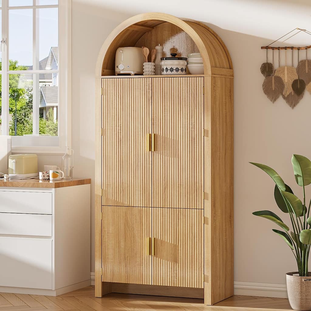 BOSSIN 71" Arched Fluted Door Pantry Cabinet, 9-Shelf Storage Organizer for Kitchen,Bathroom,Natural Wood Finish