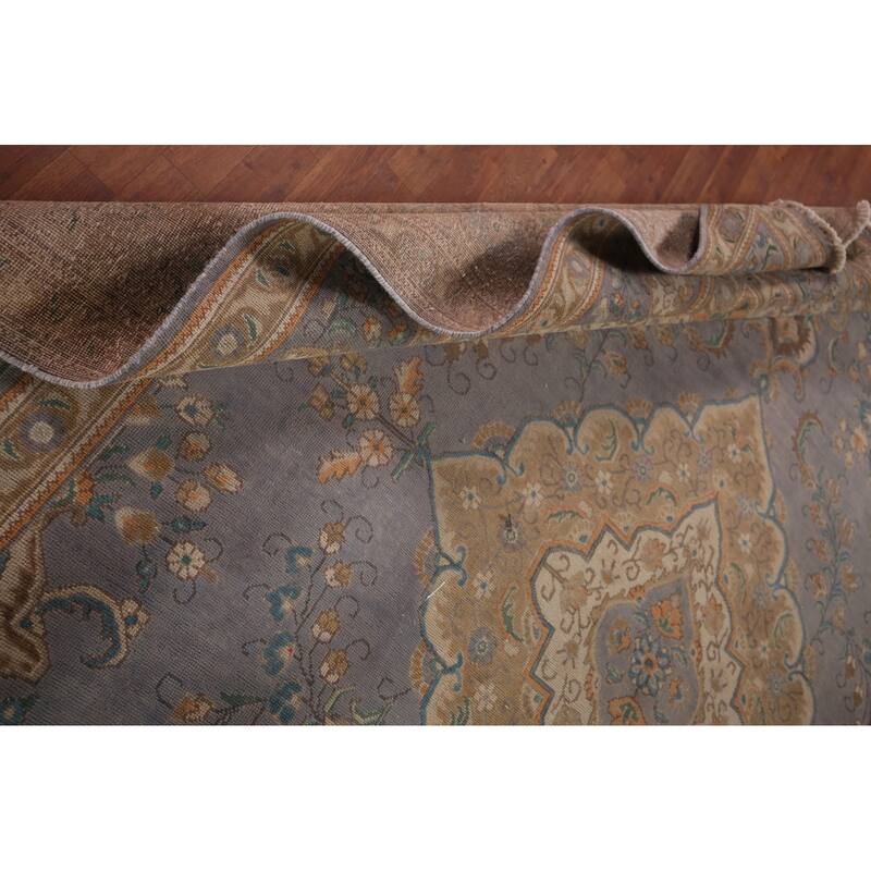 Tabriz Persian Vintage Area Rug Hand-Knotted Blue Wool Carpet - 9'10"x 12'9"