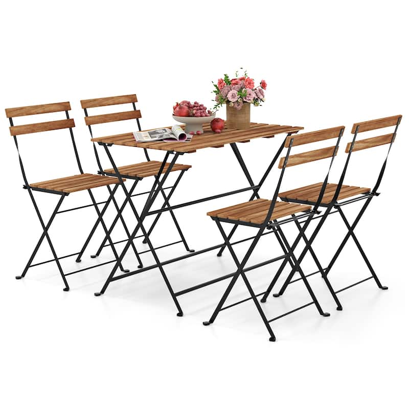 Black and Brown Acacia Wood Folding Patio Dining Set 5 Piece with Metal Frame - Chair: 18” x 15.5” x 31” - Black-Brown