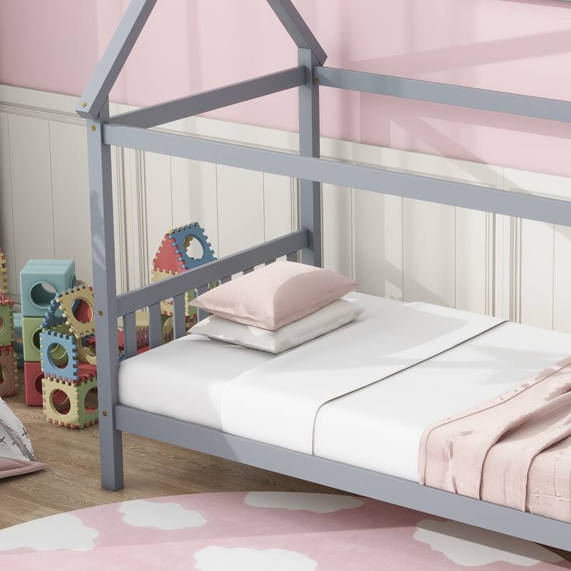 Twin House Bed with Headboard and Footboard, Twin Rubber Wood Bed with House Frame, White