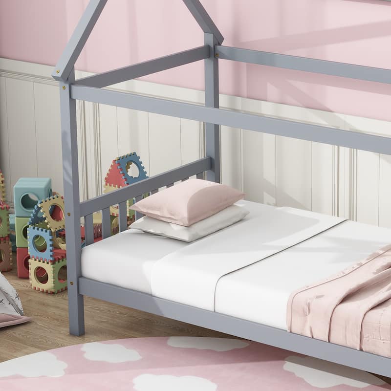 Twin Size House Bed with Headboard and Footboard, Underbed Storage - Rubberwood House-shaped Bed Frame for Children's Room