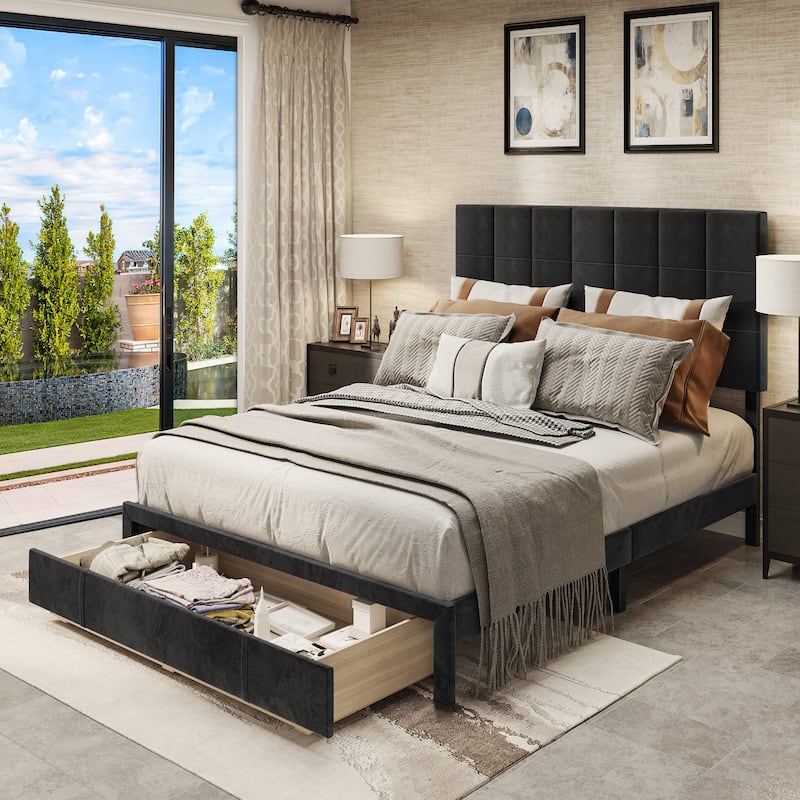 Square Velvet Upholstered Headboard Platform Bed Frame With End of Bed Storage Box - Black - Queen