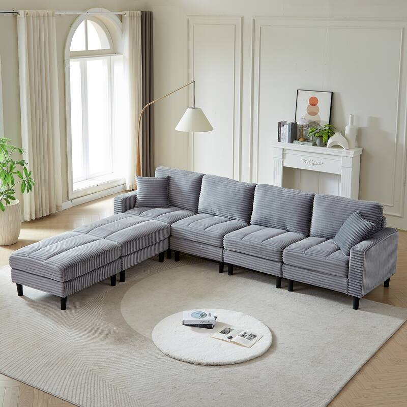 122.5" Corduroy U-Shaped Sectional Sofa with Ottomans & Pillows