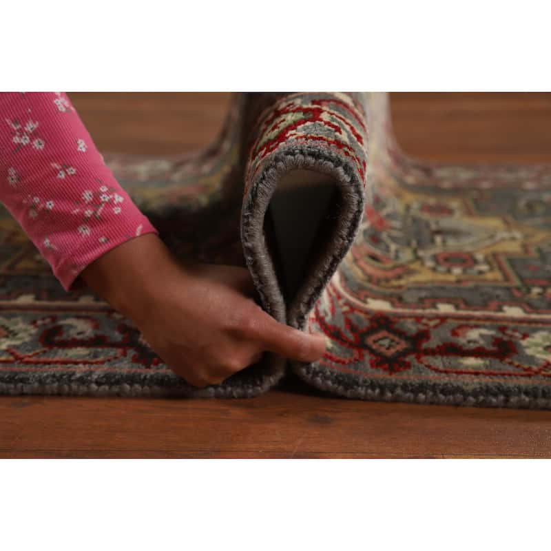 Hand Knotted Oriental 100% Wool Carpet Traditional Geometric Greys & Charcoal Heriz (serapi) Runner Rug - 7' 11'' X 2' 7''