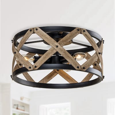Farmhouse Distressed Wood Drum Flush Mount Light - 14.96 inches
