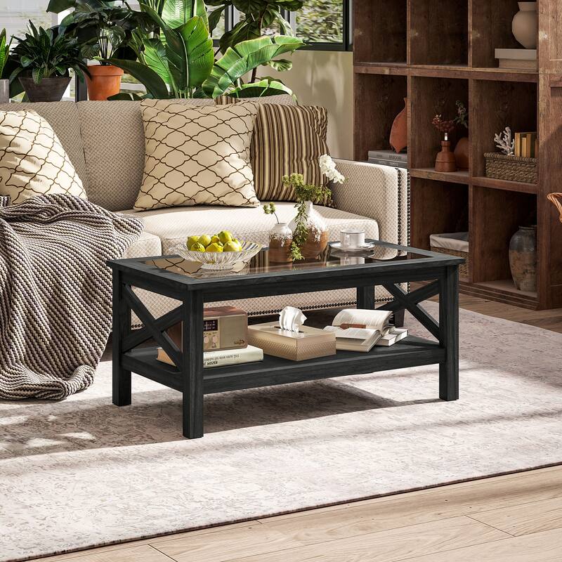 Coffee Table with Tempered Glass Top and Storage Shelf Modern Living Room Furniture - 39.25'' L x 21.75'' W x 17.75'' H