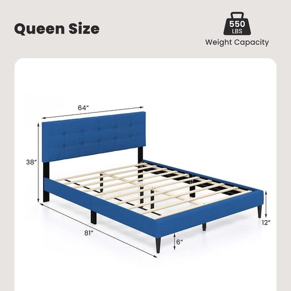 dimension image slide 1 of 2, Costway Queen Upholstered Platform Bed Mattress Foundation Button