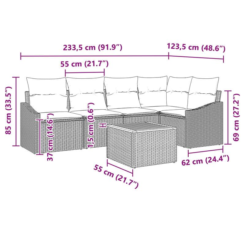 vidaXL 6 Garden Sofa Set with Cushions Black/Grey Poly Rattan - 91.9 x 48.6 x 27.2