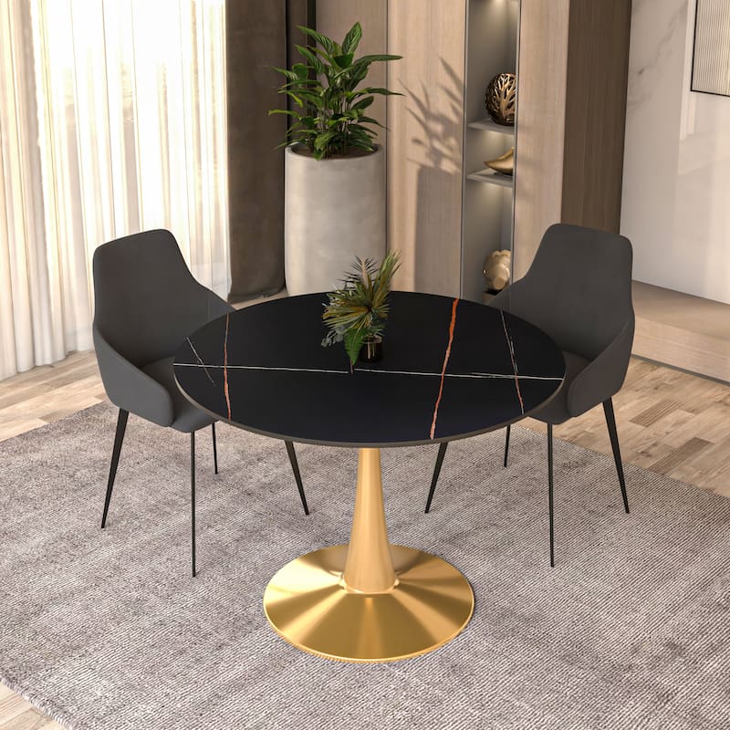 LeisureMod Round Dining Table 40" Sintered Stone Tabletop in Gold Steel Bistro Series