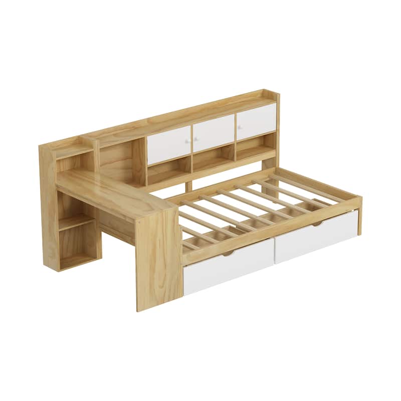 Twin Size L-Shape Twin Daybed with 9 Storage Units & Adjustable Desk (250lb Capacity)
