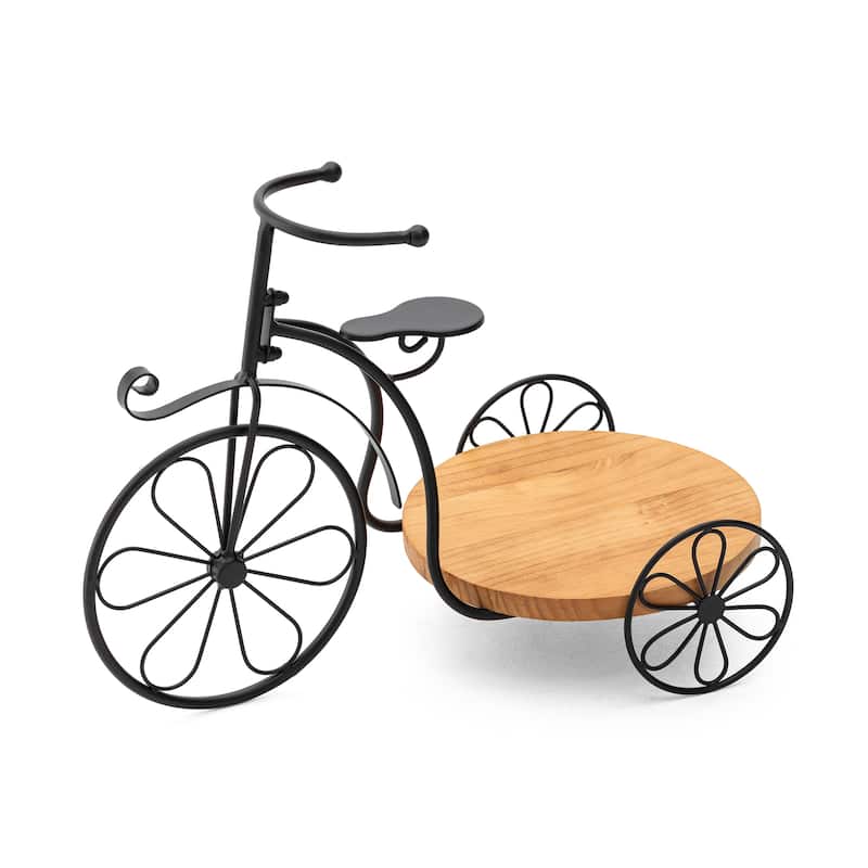 Glitzhome 24"L Spring Metal Tricycle Planter Stands Flower Pot Cart with Wood Trays