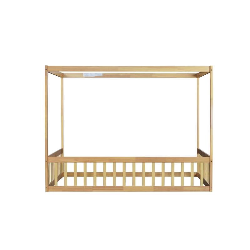 Full Size Canopy Frame Rubber Wood Floor Bed with Fence,Guardrails,Natural