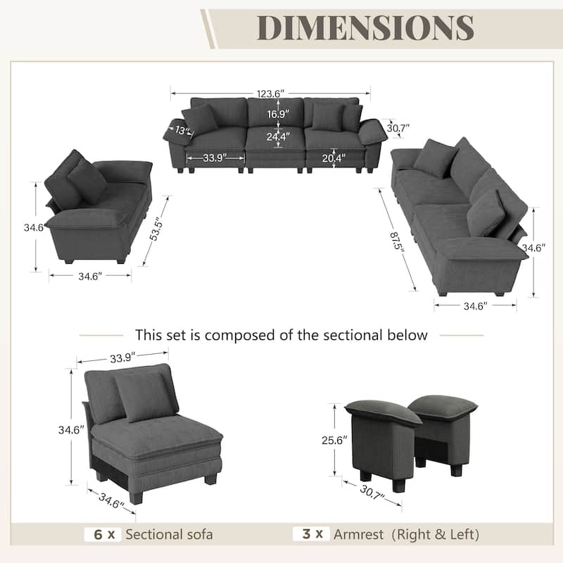 MAISON ARTS Chenille & Corduroy Modular Sectional Sofa Set, Comfy 5/6/7-Seat Living Room Couch with 3-Seater or Loveseat