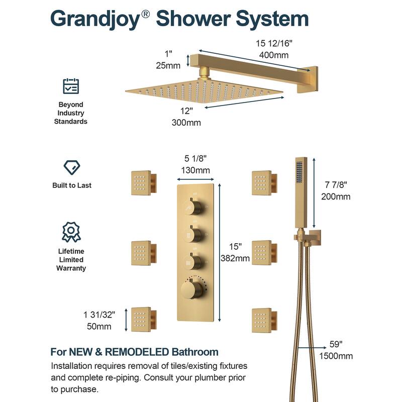 GRANDJOY Thermostatic Shower Faucet Set 12 inch Wall Mount Rainfall Shower Head with 6 Body Jets and Handheld Spray Combo