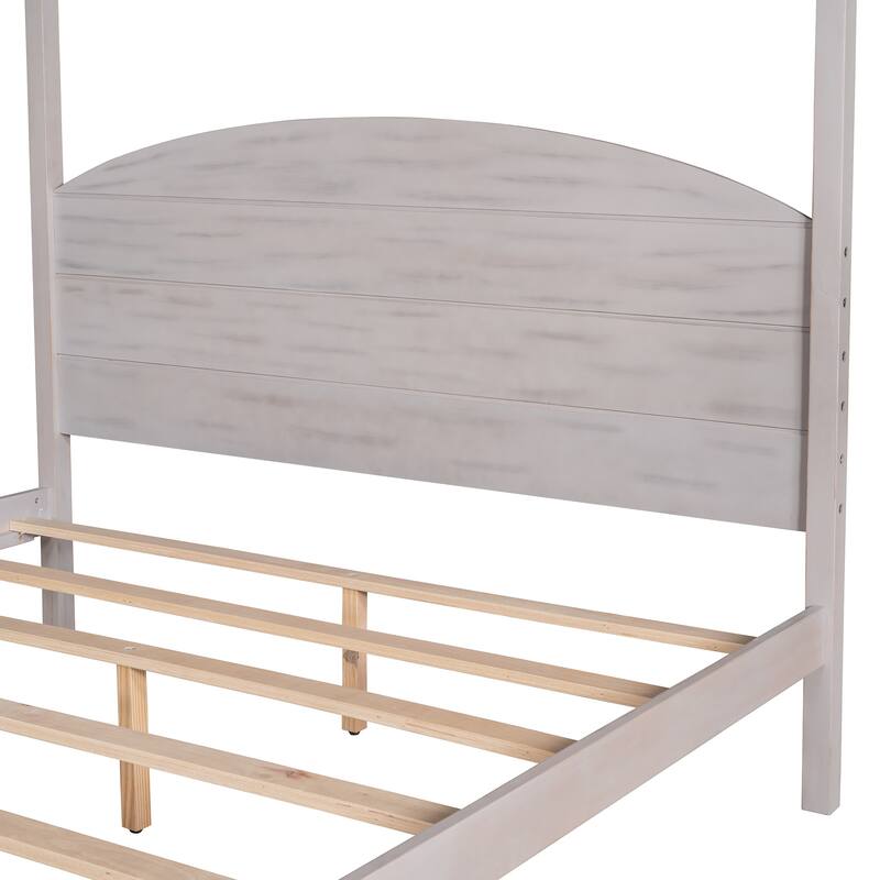 Canopy Platform Bed with Headboard, Queen/King Size, Wooden Slats, and Under-Bed Storage