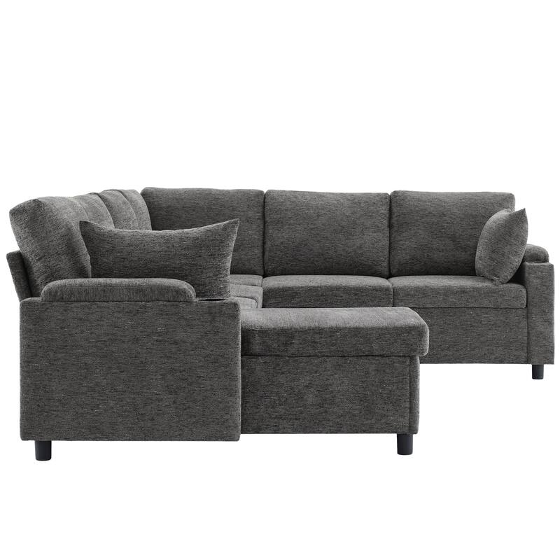 U-Shaped Chenille Sectional Sofa with Storage Chaise Lounge, Convertible Sleeper Sofa Bed with Cup Holders & Charging Ports