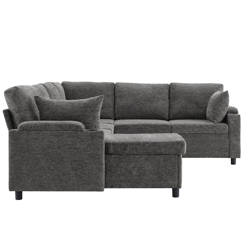 U-shaped Sofa, Chenille Sectional Sofa with 2 Cup Holders and Charging Ports Livingroom Sleeper Recliner Sofa Couch