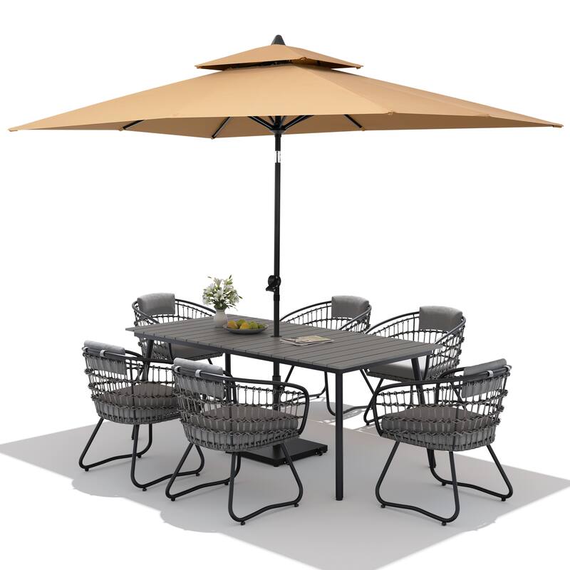 9PC Outdoor Patio Dining Set Wood-Like Aluminum Umbrella Hole Table with Rattan Chairs,Double Top Market Umbrella and Wheel Base