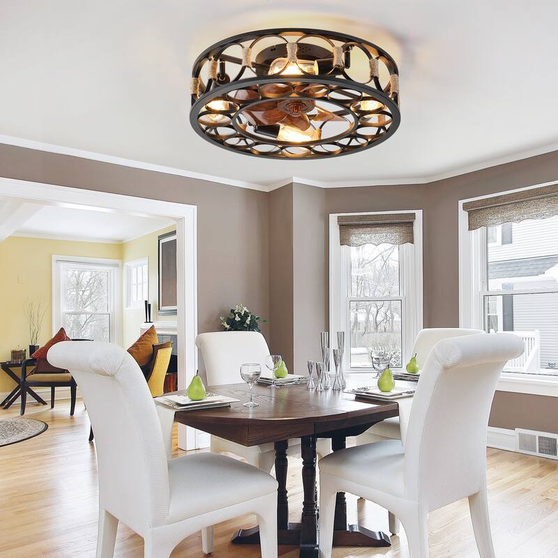 Cusp Barn 20" Flush Mount Ceiling Fan,Caged Ceiling Fan,Low Profile Modern Farmhouse Fan Light,Quite Airflow with Remote Control