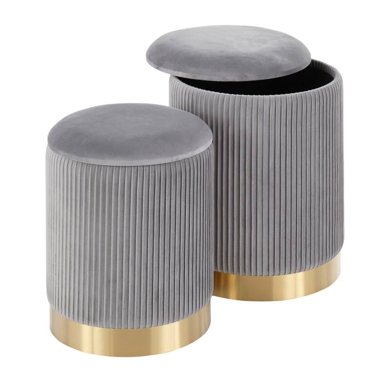 Marla Contemporary Nesting Pleated Ottoman Set in Gold Metal and Velvet by LumiSource - Grey
