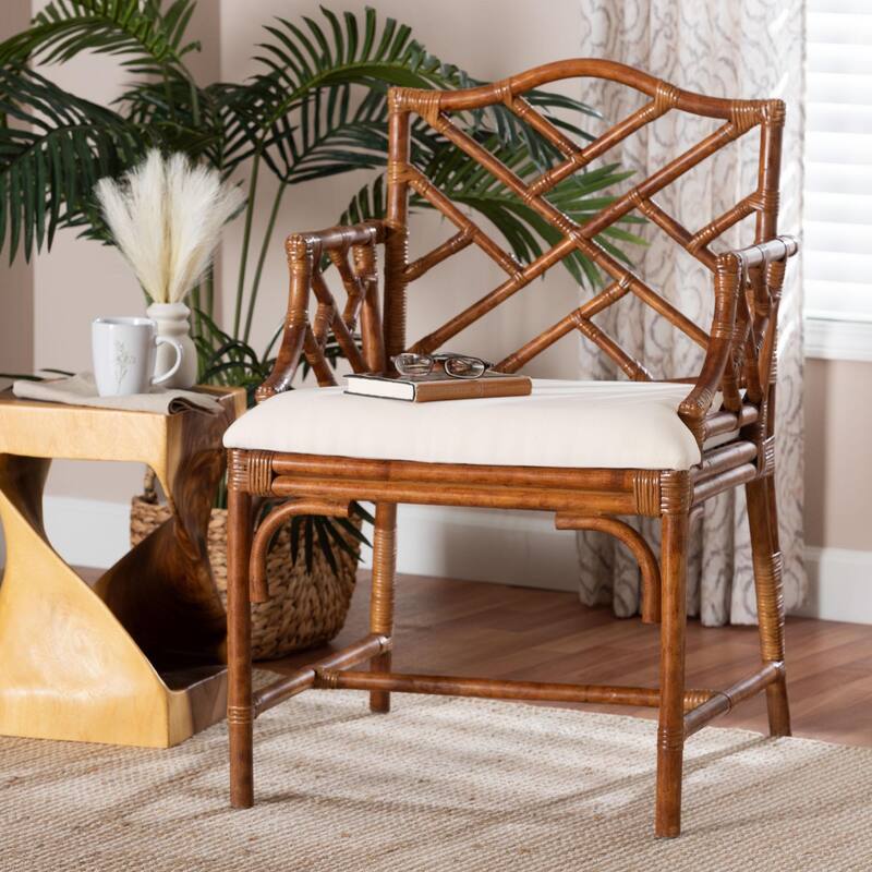 Aella Marbled Tortoise Natural Rattan Armchair - Handcrafted Wicker Accent Seating with Open Back, Boho Coastal Seating