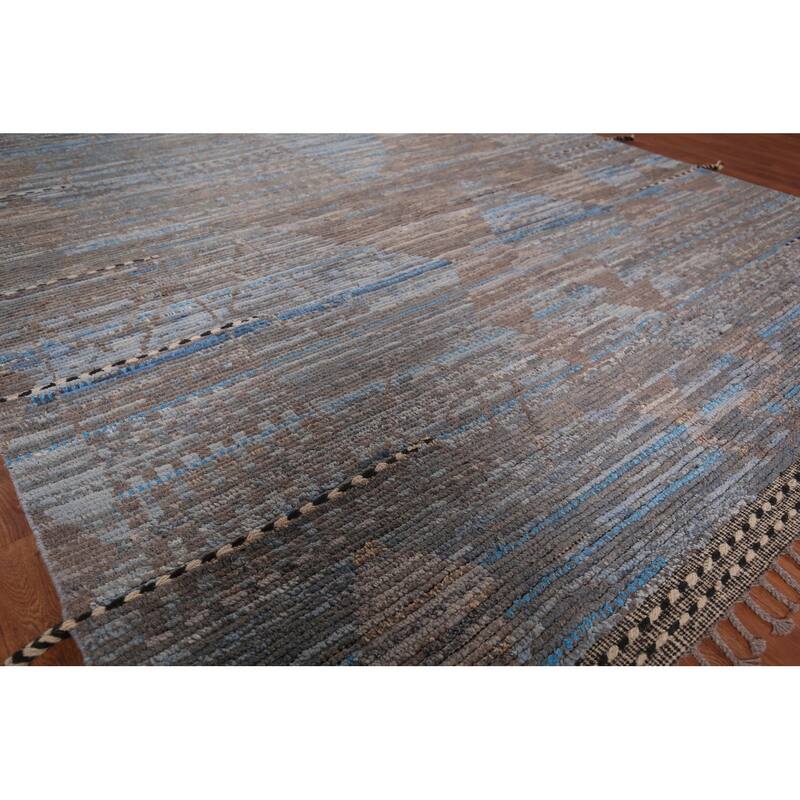 Blue Striped Moroccan Abstract Area Rug Hand-Knotted Wool Carpet - 8'0"x 12'7"