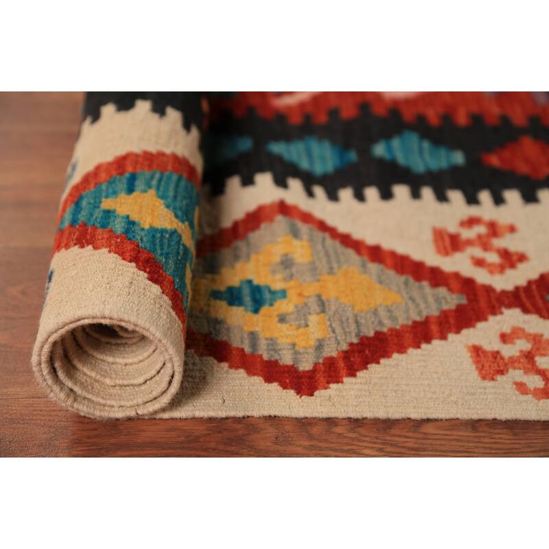 Geometric Kilim Reversible Area Rug Hand-Woven Orange Wool Carpet - 8'3"x 11'0"