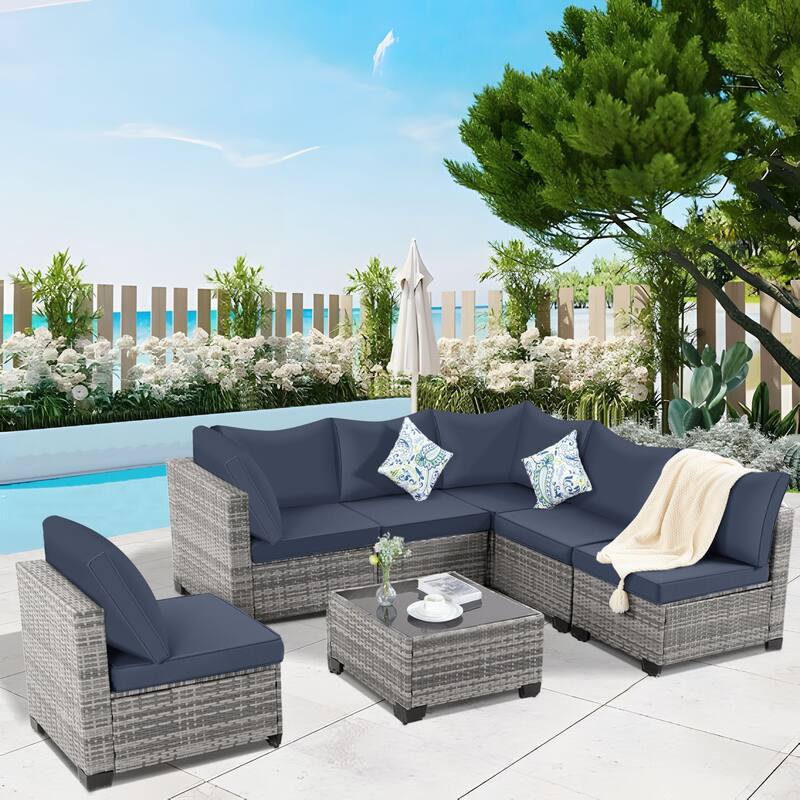 7-Piece Wicker Patio Conversation Set with Cushions,6 Sofas, 1 Table - Gray/Blue