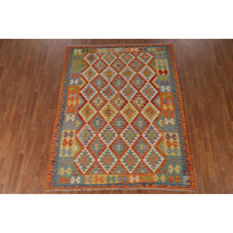 Hand-Woven Geometric Kilim Area Rug Oriental Wool Carpet - 6'2" x 7'10"