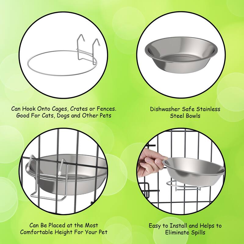 Set of 2 Stainless-Steel Dog Bowls - Cage, Kennel, and Crate Hanging Pet Bowls for Food and Water