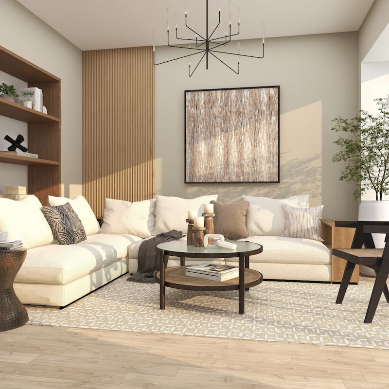 Rattan Living Room Coffee Table with Pressed Tempered Glass Top - Brown - Roche River Decor