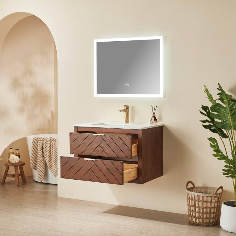 30" Wall Mounted & Floating Single Vanity with Ceramic Sink