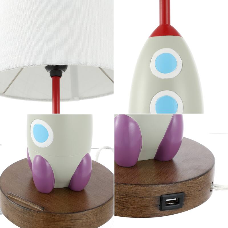 Sahara 17.5" Coastal Iron/Resin Rocket LED Kids' Table Lamp with Phone Stand and USB Charging Port, Multi-Color by JONATHAN Y