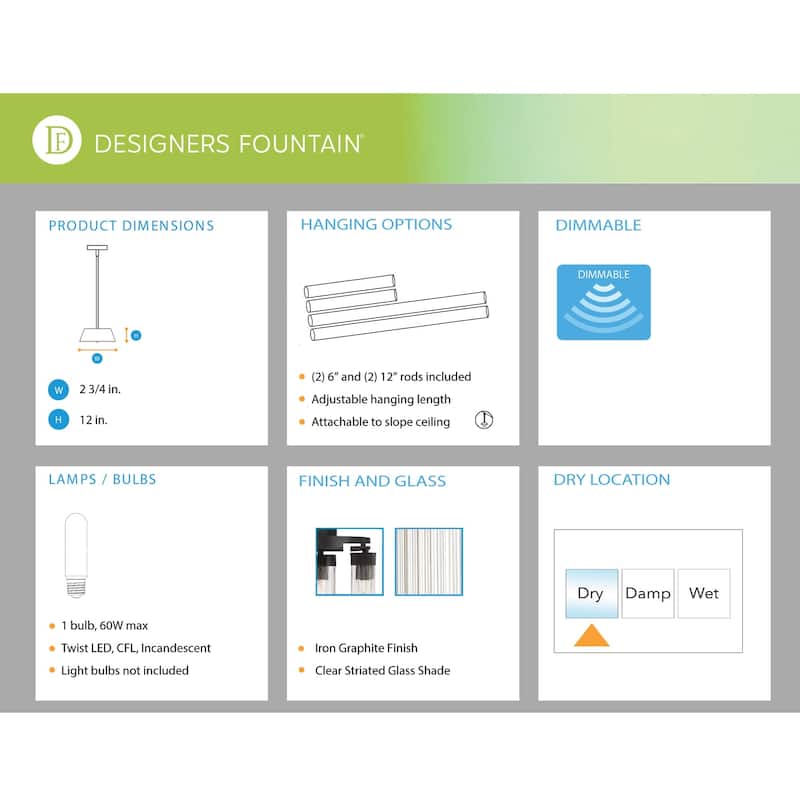 Braden Collection - 1 Light - Mini Pendant - 2.75"W - 12"H - Iron Graphite Finish