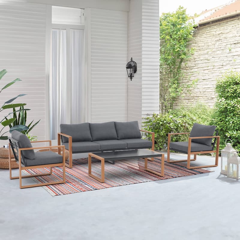 4-Piece 5 Person Patio Aluminum Grey Conversation Set With Cushions and Tempered Glass Table - Grey