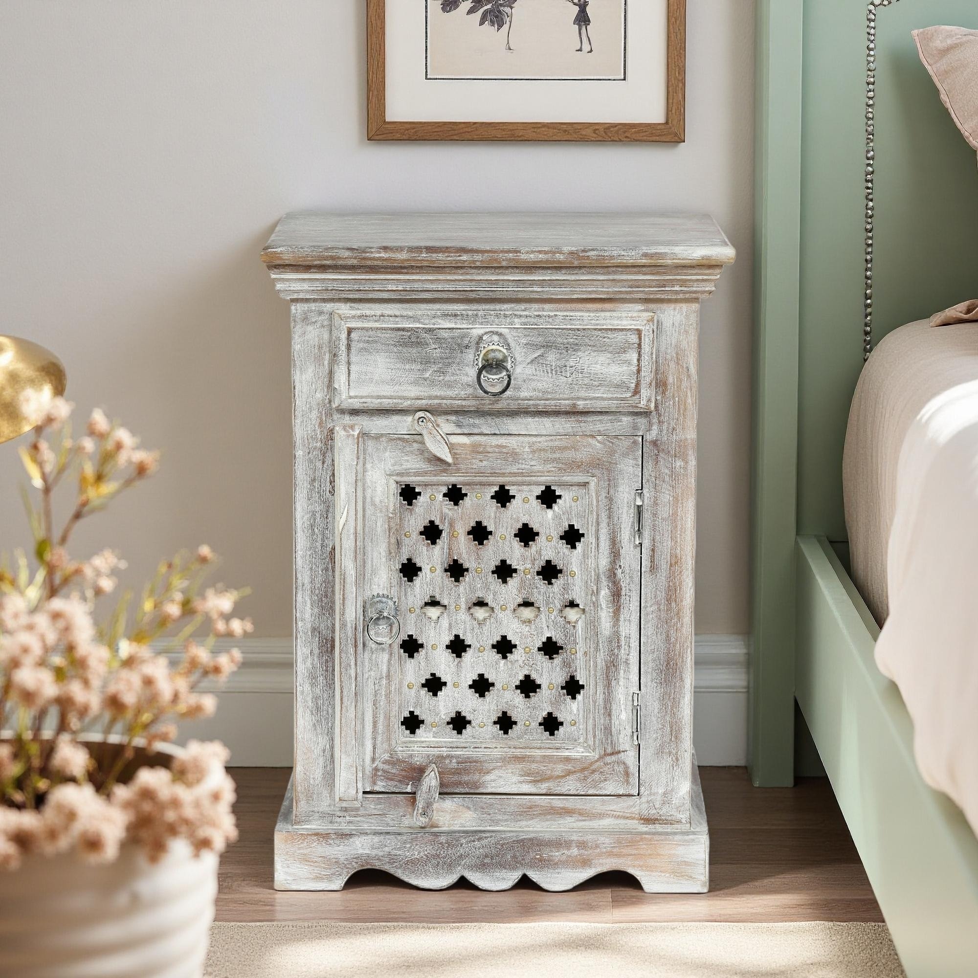 17.25"L Mango Wood Nightstand with Drawer & Cabinet, Handcrafted Boho Design & Washed Finish