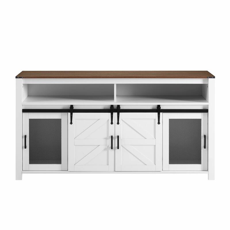 59.3'' Sideboard with Sliding Barn Door and Mesh Panels, Farmhouse Buffet with Open Storage