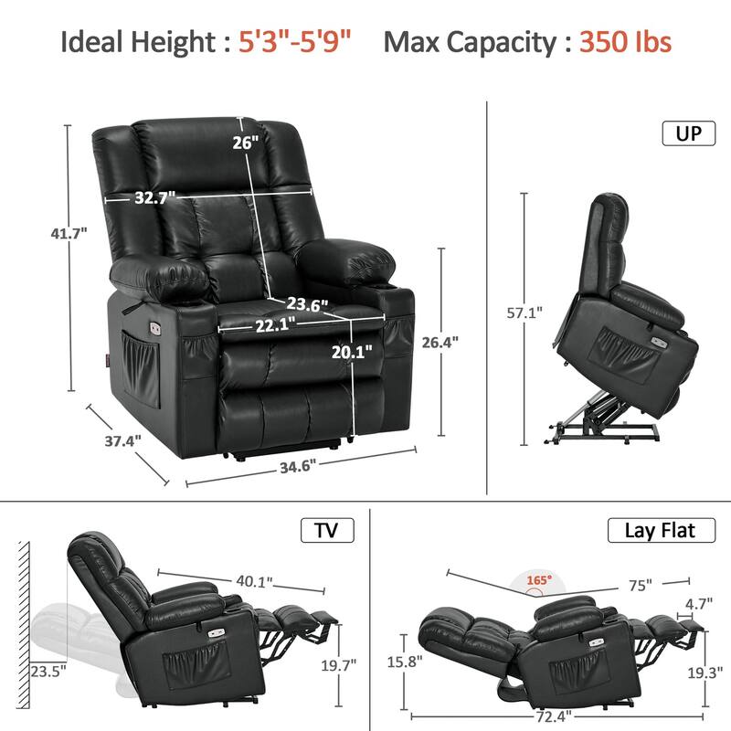 MCombo Medium Dual Motor Power Lift Recliner Chair Infinite Position, Massage and Heat, Extended Footrest, Faux Leather 7890